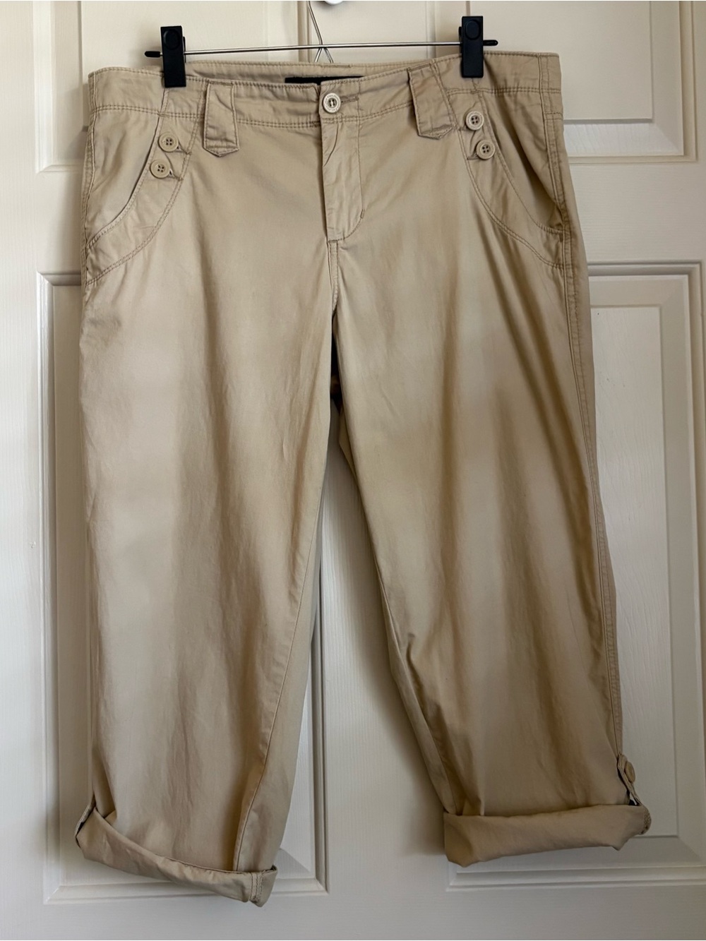 Y2K 90s Calvin Klein Khaki Cropped Utility Capri Roll Tab Pants Coastal Beachy